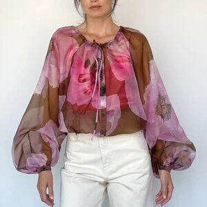 Lee Mathews Poppy Silk Organza Floral Blouse Plum Pink